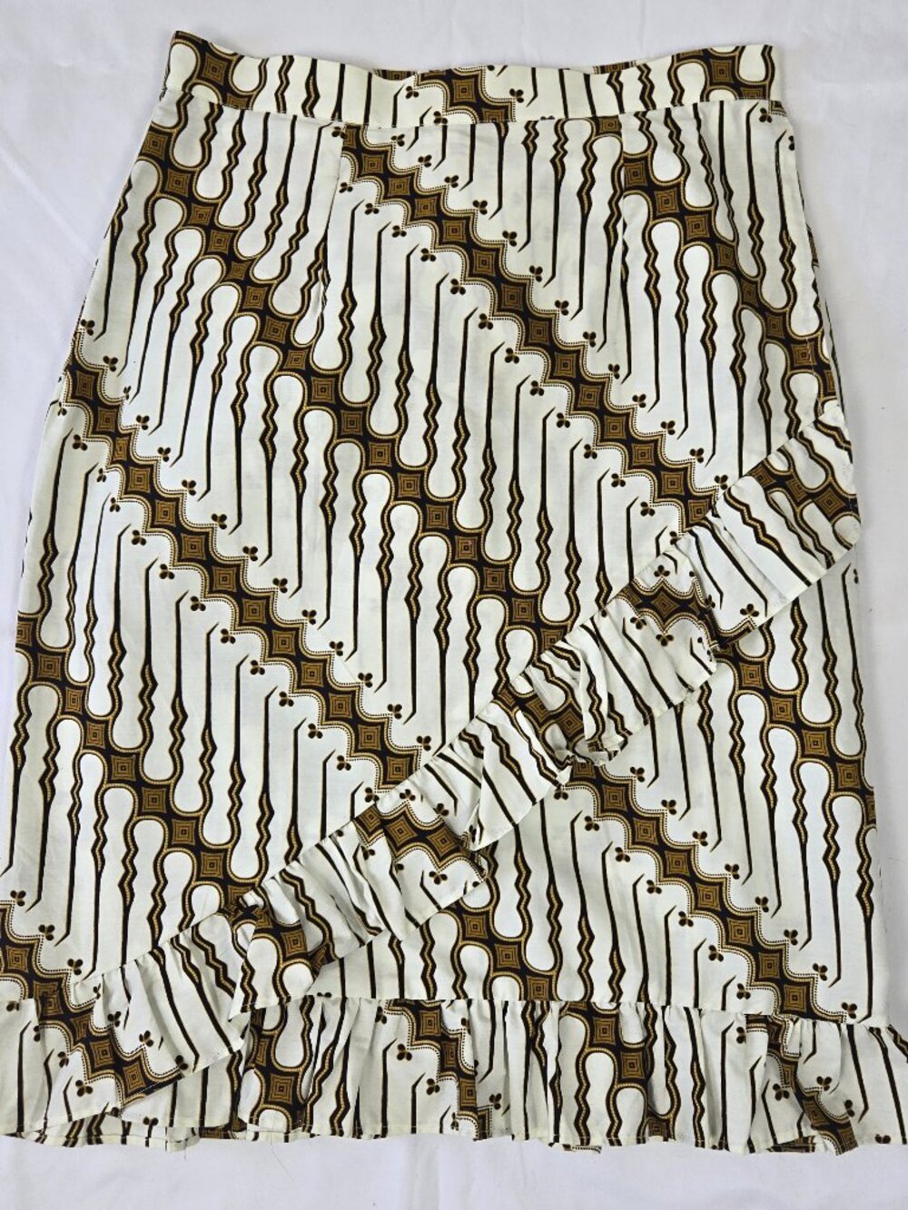 Batik Keris Size Small Pencil Wrap Front Skirt Cream Black Gold Ruffle Cotton